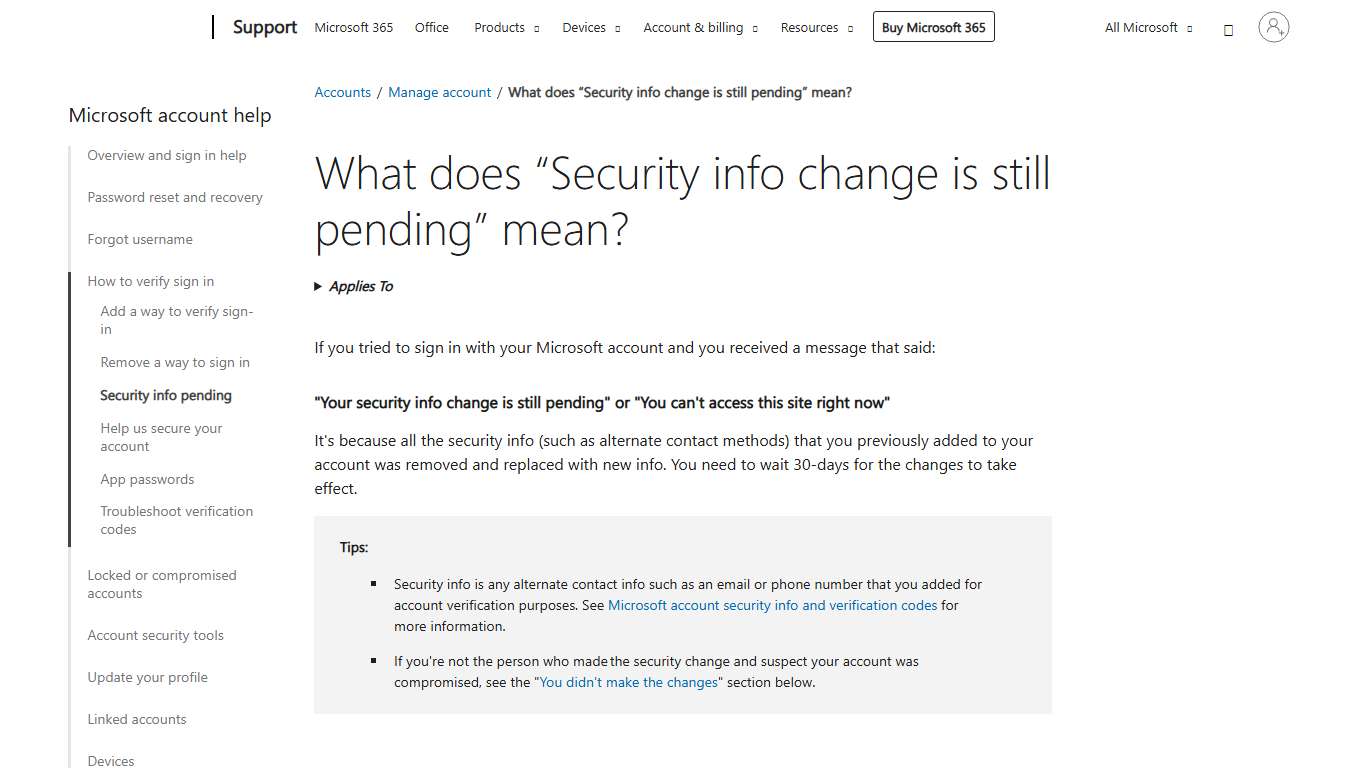 What does “Security info change is still pending” mean? - Microsoft Support